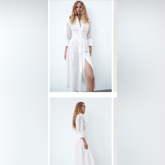 Zara embroidered perforated eyelet A-Line cotton Shirt Dress with long sleeves - Picture 11 of 12